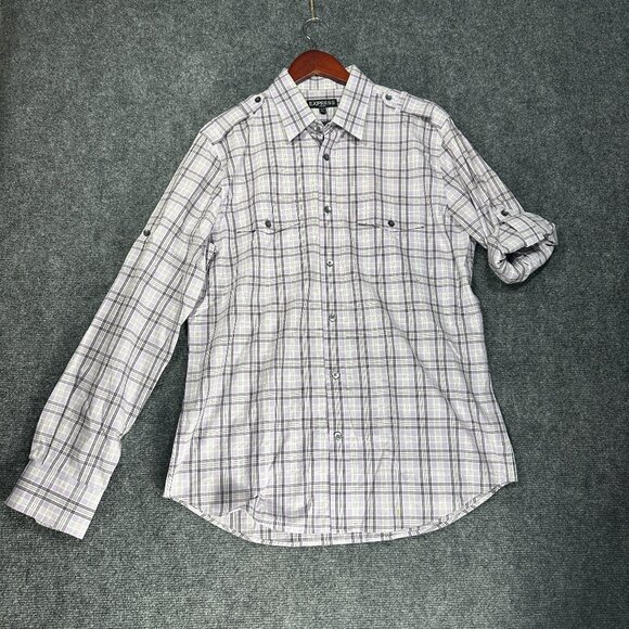 Express Shirt Mens Large Fitted Button Up Purple Stretch Plaid Roll Tab Sleeve - Picture 1 of 10